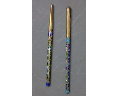 Two Russian cloisonne enamelled pens, marked 84 to one the other having a portrait head stamp.