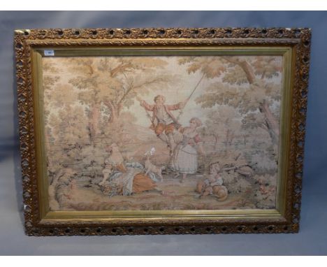 A 19th Century Gainsbourgh style framed tapestry of a boy on a swing. 85cm X 118cm 