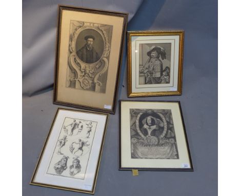 After Melchair Kusel, portrait of a lady, engraving, 30cm X 23cm together with three other portrait engravings.