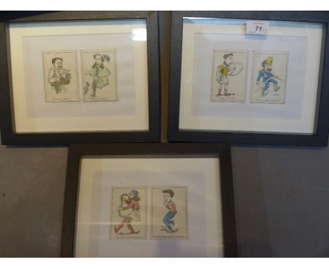 Six Victorian playing cards set in three frames.