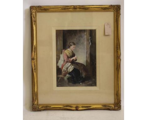 JOHN DAWSON WATSON R.B.A. (1832-1892), Portrait of a Young Woman Peeling Vegetables, signed gouache, 13" x 9", gilt gesso fra