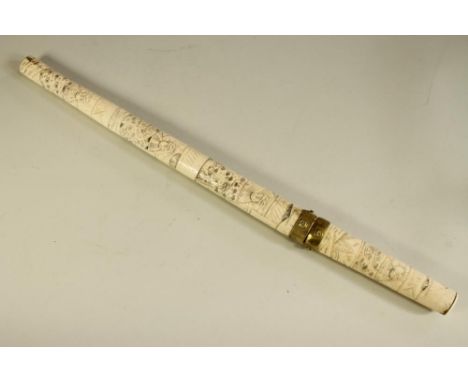 A JAPANESE CARVED BONE WAKISASHI, early 20th century, with 12 ¾" blade, brass ferrules, sectional bone grip and scabbard depi