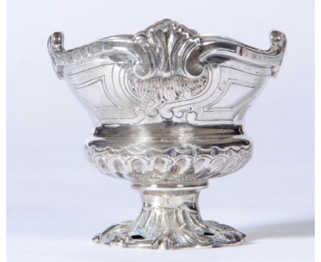 A GEORGE III SILVER TABLE SALT, maker Paul Storr, London 1808, the baluster bowl with cast and applied scroll border over dee