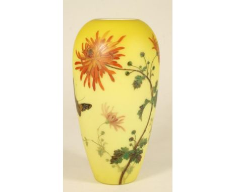 A SATIN GLASS VASE, mid to late 19th century, in the style of Thomas Webb, of plain ovoid form, the dye away shaded yellow ov