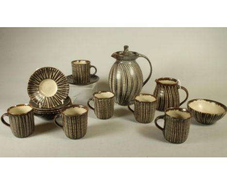 A MICHAEL LEACH "YELLAND" STUDIO COFFEE SERVICE, 1955-84, of plain rounded form with brown and grey resist stripes, comprisin