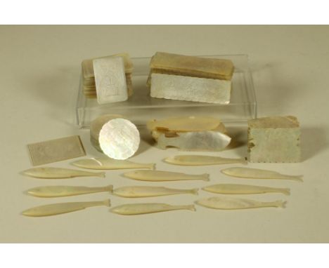 A COLLECTION OF CHINESE MOTHER OF PEARL GAMING COUNTERS, engraved with foliage and birds, comprising oblong (two sizes), roun