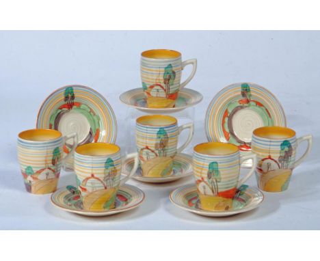 A SET OF SIX CLARICE CLIFF NEWPORT POTTERY COFFEE CUPS AND SAUCERS, c.1936, in Lynton shape, painted in typical palette with 