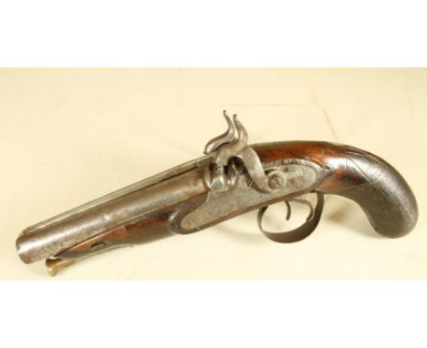 A PERCUSSION DOUBLE BARRELLED PISTOL BY J W GANTLETT, BADMINTON, 19th century, the 5 3/4" sighted barrel inscribed "Badminton