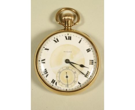 A GENTLEMAN'S 9CT GOLD CASED TOP WIND ROLEX WATCH, the white enamel dial with black Roman numerals enclosing subsidiary secon