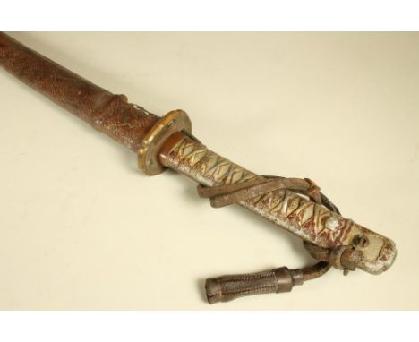 A WWII JAPANESE NCO'S SWORD, the 27 ¾" numbered blade with single fuller, metal grip, leather officers knot and metal scabbar