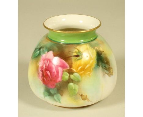 A ROYAL WORCESTER CHINA VASE, 1907, of lobed squat globular form, painted with full blown pink and yellow roses on an ivory g
