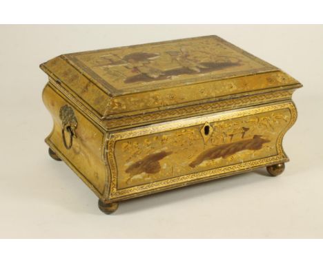 A REGENCY ENGLISH LACQUERED WORK BOX, c.1810, of sarcophagus form, painted in gilt and red with a pair of chinoiserie childre
