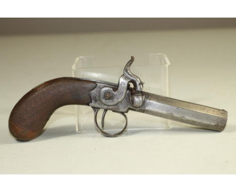 A PERCUSSION PISTOL, 19th century, with 3 1/4" octagonal barrel, front and rear sight, scroll engraved side-hammer action and