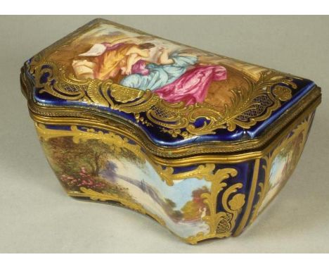 A FRENCH EARTHENWARE CASKET, 19th century, of serpentine oblong form, the fascia and sides painted in polychrome enamels with