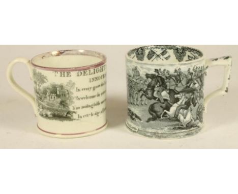A CHILD'S STAFFORDSHIRE PEARLWARE MUG, early 19th century, of plain cylindrical form printed in underglaze black with "The De