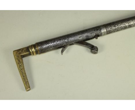 A DAYS PATENT UNDER HAMMER WALKING STICK GUN, c.1870, with 22" screw on damscus barrel, bead sight, sheathed trigger, maker's