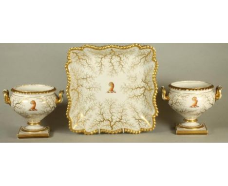A PAIR OF FLIGHT, BARR & BARR WORCESTER PORCELAIN ARMORIAL SAUCE TUREENS, c.1820, of rounded conical form with everted gadroo
