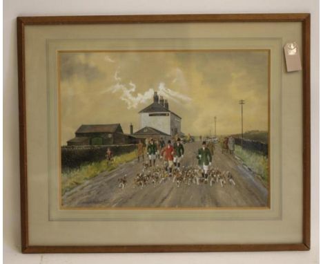 JOSEPH K APPLEYARD (1908-1960), The Airedale Beagles Moving Off from a Meet at Otley Chevin, watercolour and pencil heightene