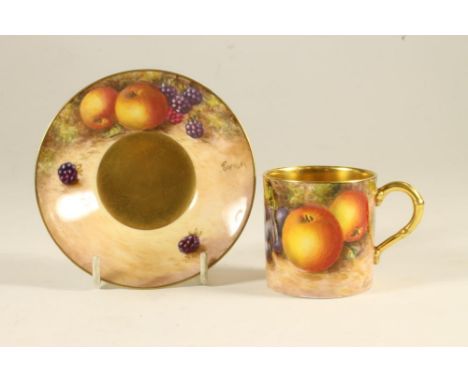 A ROYAL WORCESTER CHINA COFFEE CAN AND SAUCER, c.1963 and 1958, painted in polychrome enamels by Freeman with still lifes of 