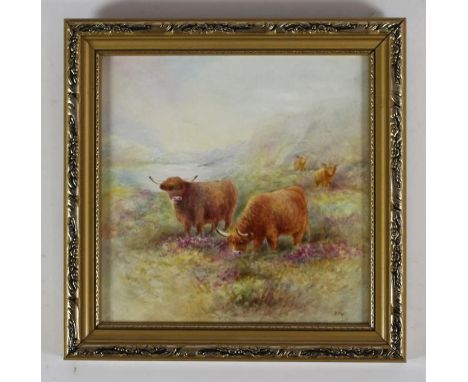 A SQUARE CHINA TILE, 20th century, painted in polychrome enamels by the Royal Worcester artist P. Platt with Highland Cattle 