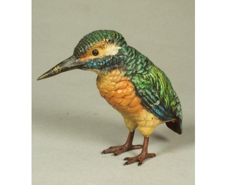AN AUSTRIAN COLD PAINTED BRONZE KINGFISHER, c.1900, realistically modelled in an alert stance, apparently unmarked, 3 1/4" hi