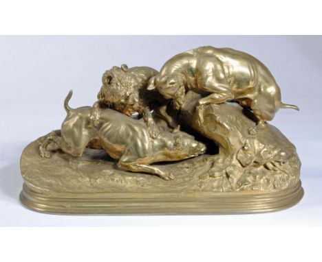 AFTER PIERRE-JULES MENE (1810-1879), La Chasse au Lapin, gilded bronze group, raised on oval moulded edged base, signed, 15" 