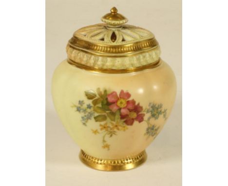 A ROYAL WORCESTER CHINA POT POURRI AND COVERS, 1898, of lobed form with bead moulded pierced outer cover, painted in polychro