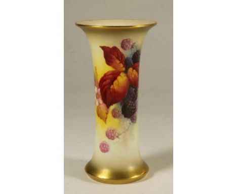 A ROYAL WORCESTER CHINA VASE, 1933, of waisted cylindrical form, painted in polychrome enamels by Kitty Blake with blackberri