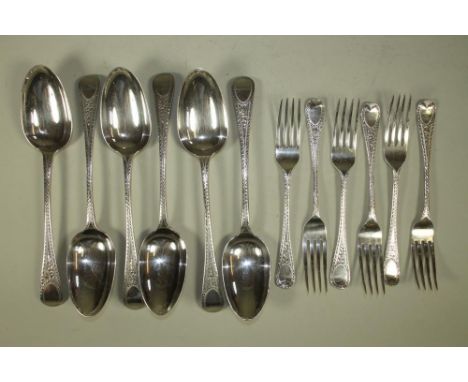 A SET OF SIX GEORGE III SILVER TABLESPOONS, makers Wms. Eley, Fearn and Chawner, London 1811, plain with bright cut engraving