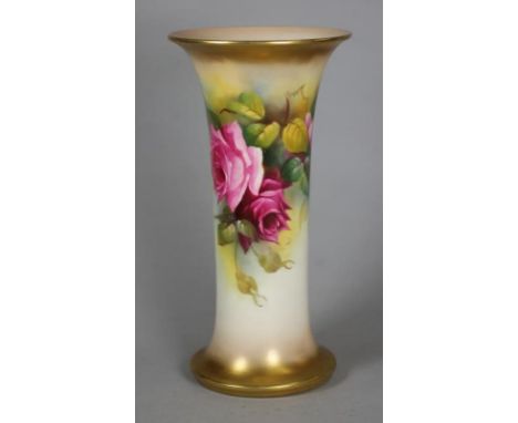 A ROYAL WORCESTER CHINA VASE, 1926, of flared cylindrical form, painted by M. Hunt, with full blown pink and crimson roses on