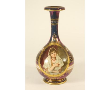 A "VIENNA" PORCELAIN BOTTLE VASE, late 19th century, painted by H. Stadler with the bust portrait of a young lady wearing a l