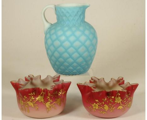 A PAIR OF SATIN GLASS BOWLS, mid to late 19th century, in the style of Thomas Webb, of circular form with pinched frilled rim
