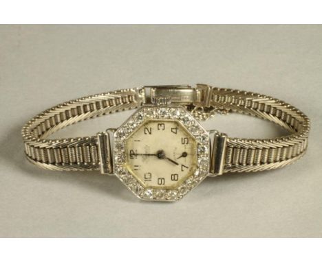 AN 18CT WHITE GOLD PRECISTA COCKTAIL WATCH, the octagonal silvered dial with black Arabic numerals enclosing subsidiary secon