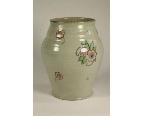 A CARTER, STABLER  & ADAMS POOLE POTTERY VASE, c.1930, of baluster form, painted in colours by Anne Hatchard with scattered f
