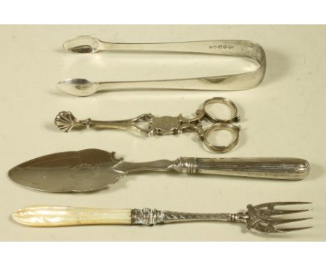 A SMALL COLLECTION OF GEORGIAN AND VICTORIAN SILVER FLATWARE comprising a pair of Victorian sugar tongs, maker John Walton, N