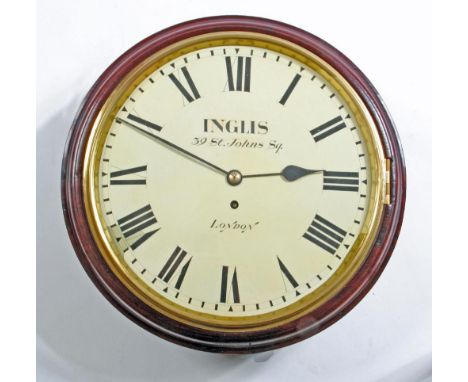 A MAHOGANY WALL CLOCK, signed Inglis, 39 St Johns Square, London, single fusee movement, the 11 3/4" white enamel dial with R