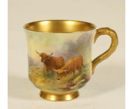 A ROYAL WORCESTER CHINA COFFEE CUP, 1917, of slightly flared cylindrical form on a low flared foot, painted in polychrome ena