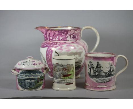 A COLLECTION OF SUNDERLAND LUSTRE POTTERY, early 19th century, comprising a large baluster jug printed with a view of "Shield