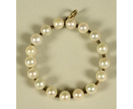 A PEARL SET CIRCLET PENDANT, the knife edge bar with seventeen pearls, unmarked