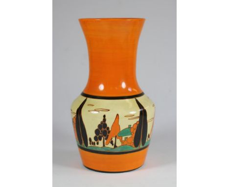 A CLARICE CLIFF FANTASQUE BIZARRE WILKINSON POTTERY VASE, 1930's, of baluster form painted in orange, green, black and brown 