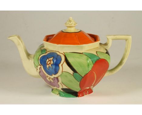 A CLARICE CLIFF FANTASQUE BIZARRE NEWPORT POTTERY TEAPOT AND COVER, 1930's, of octagonal form, painted in blue, purple, green