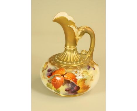 A ROYAL WORCESTER CHINA EWER, 1910, of squat globular form with loop handle and high neck and lip, painted in autumnal colour