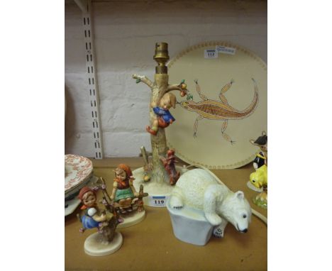 Hummel table lamp, two Hummel figures and a polar bear ornament