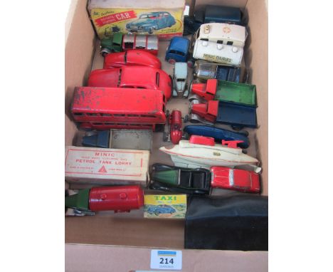 Collection of Tri-ang Minic, Schuco, Sutcliffe and Chad Valley clockwork vehicles, keys etc