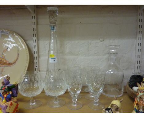 Thomas Webb cut crystal decanter, another decanter, pair of Waterford brandy balloons and six other cut crystal glasses