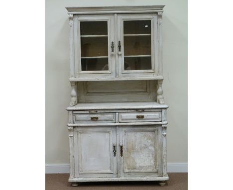19th century Continental painted pine buffet, fitted with two display cupboards, above bakers slide, two drawers and cupboard