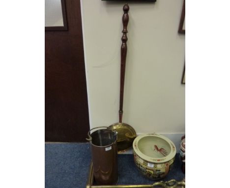 Brass and copper bed warming pan and a copper stick stand H40cm