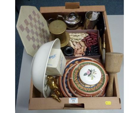 Brass trench art shell boxes, soapstone chess set, silverplate, ceramics and miscellanea in one box