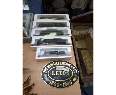 Five model railway locomotives and a 'Hunslet Engine Co 1864-1995' brass railway plate