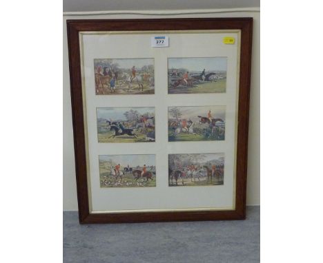Hunting scenes, set of six early 20th century postcard prints after J F Herring framed as one
